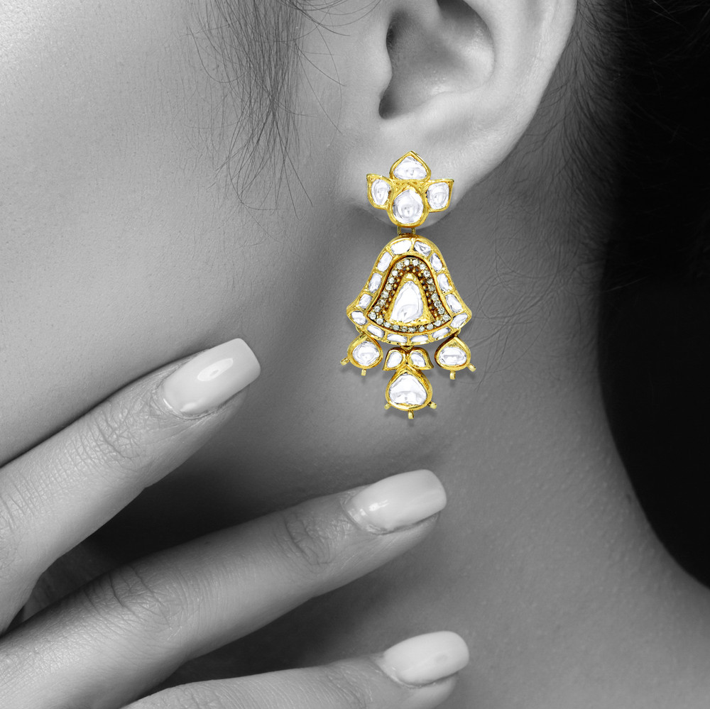 Polki Necklace Set with Fan Motifs and Matching Drops